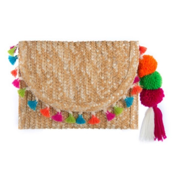 Shiraleah Fortuna Natural straw clutch with Pom poms - Picture 1 of 4